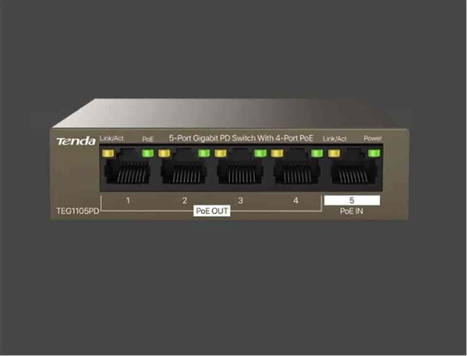 Tenda TEG1105PD 5 Port 4 Port Poe+ 1 Port Poe+ İN 10/100/1000 Switch Çelik Kasa Rack Mount