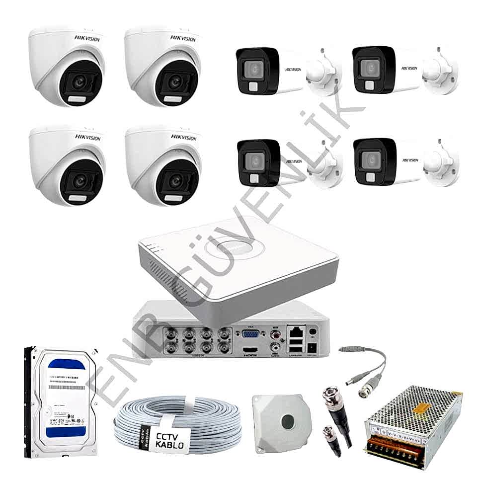 Hikvision 8 Kameralı Smart Hybrid Color İÇ - Dış Ortam Güvenlik Kamera Seti