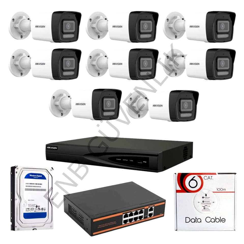 HİKVİSİON 8 KAMERALI 2 MP SMART HYBRİT COLOR MİKROFONLU DIŞ MEKAN İP KAMERA SETİ
