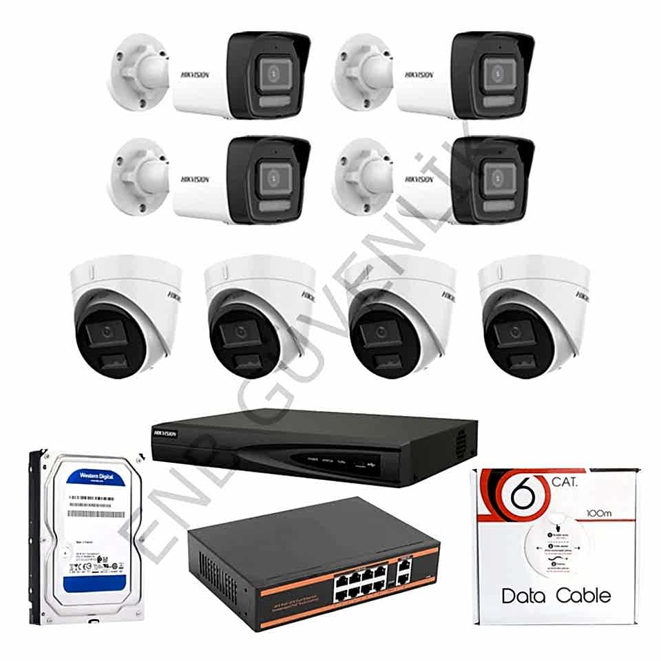 HİKVİSİON 8 KAMERALI 2 MP SMART HYBRİT COLOR MİKROFONLU İÇ - DIŞ MEKAN İP KAMERA SETİ