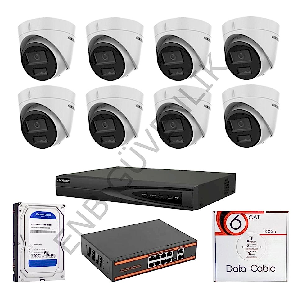 HİKVİSİON 8 KAMERALI 2 MP SMART HYBRİT COLOR MİKROFONLU İÇ MEKAN İP KAMERA SETİ