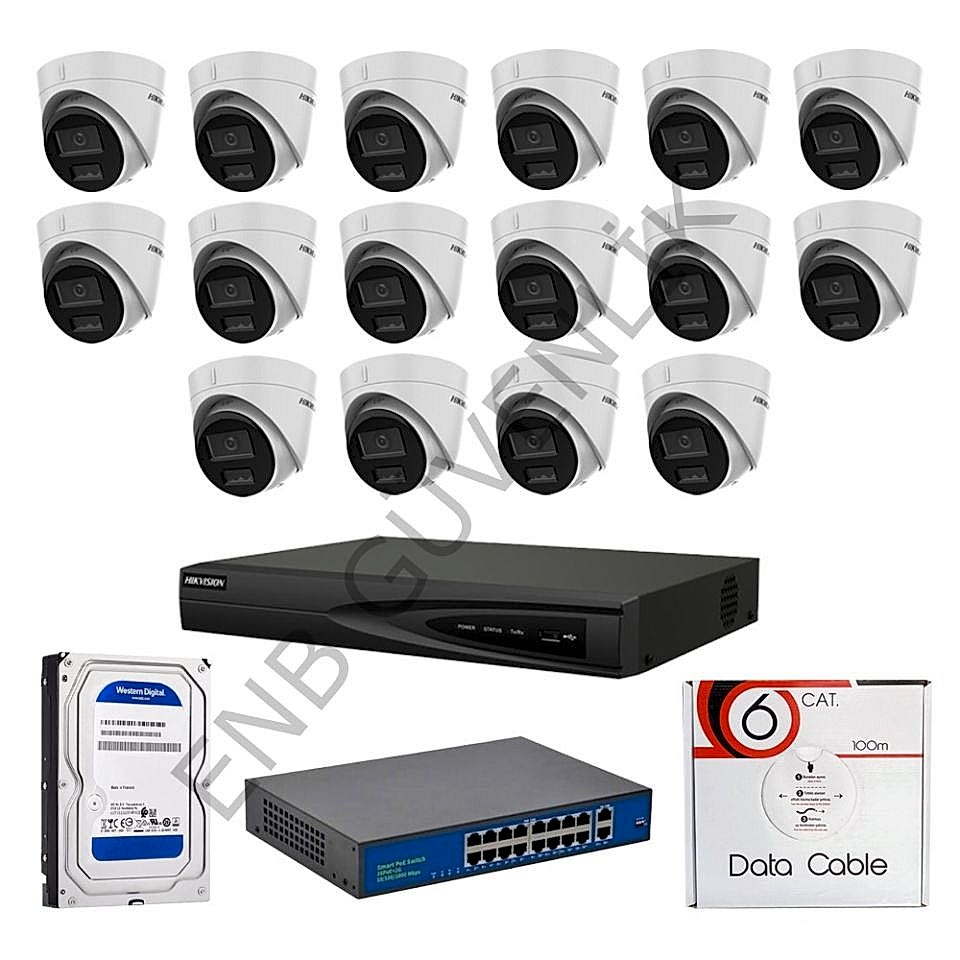 HİKVİSİON 16 KAMERALI 2 MP SMART HYBRİT COLOR MİKROFONLU İÇ MEKAN İP KAMERA SETİ